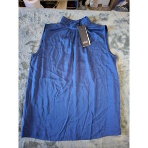 NWT Yest Shakira Night Blue Pleated High Neck Sleeveless Blouse Top Womens Sz 8